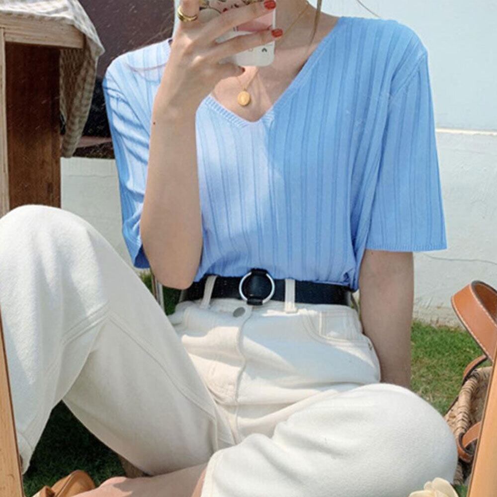サマーニット リブ 半袖 レディース 春 夏 接触冷感 韓国 薄手 大人 きれいめ シンプル Vネック 柔らかい 涼しい 伸縮性 リブニット トップス 大人可愛い 大人女子
