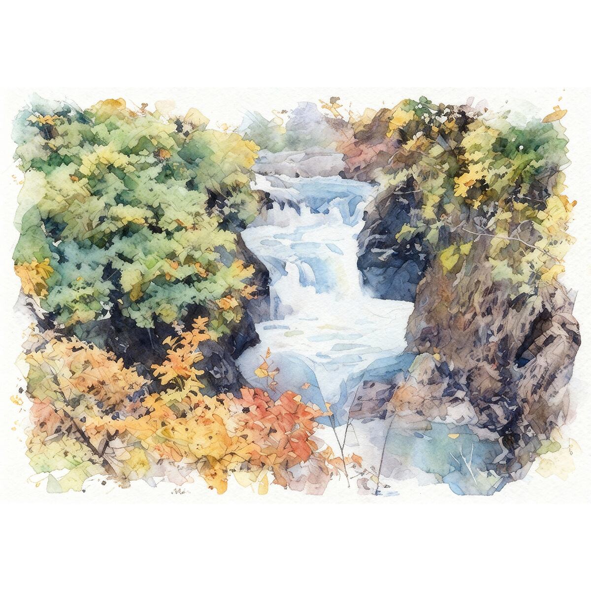 絵画 日本 宮城県 秋の鳳鳴四十八滝 風景画 インテリアアート額付き 水彩画・油絵風 WAT0150