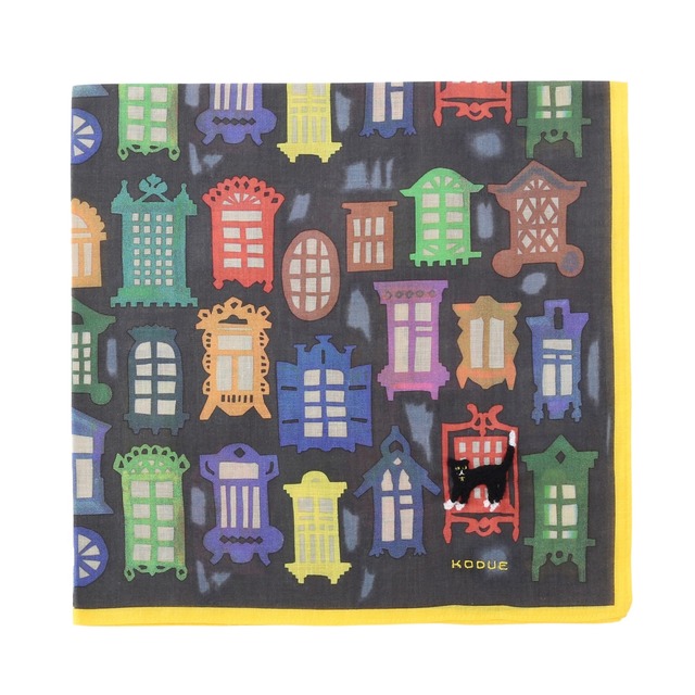 ひびのこづえ 大判ハンカチ 窓 / イエロー （シック＆アクセント） フルカラーシルクスクリーン サガラ刺繍 綿100% 58x58cm 日本製 KH26-02