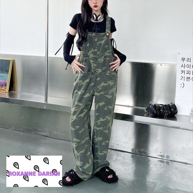 デニムサロペット レディース 迷彩柄 カモフラ オーバーオール
