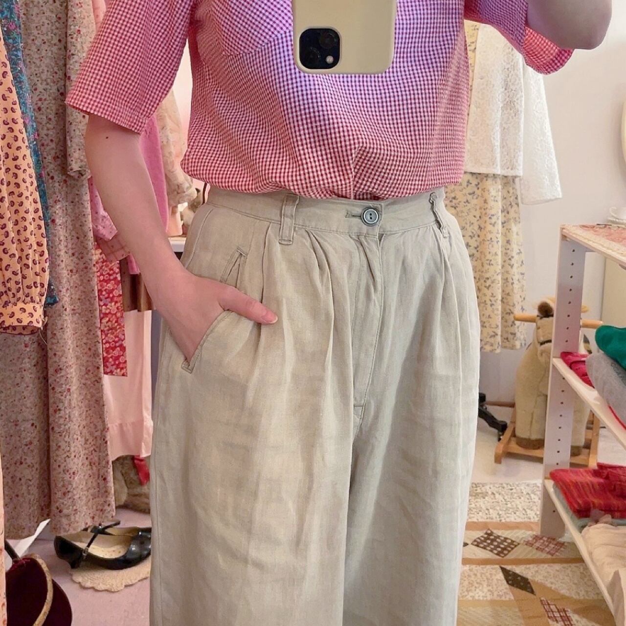 beige linen wide pants