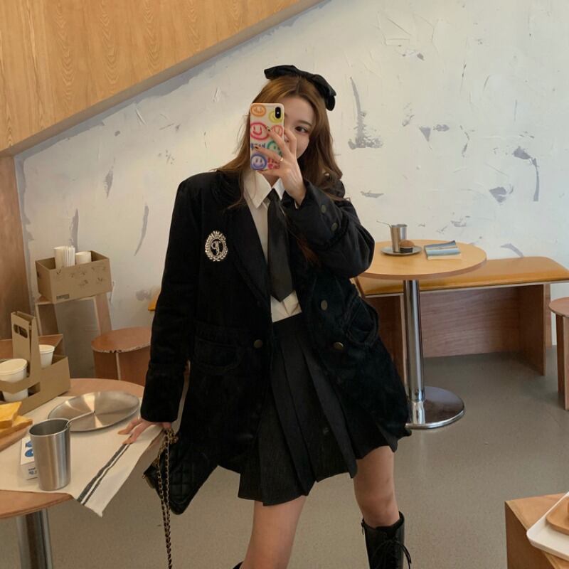 ジャケット レディースルーズブラックベルベットオータムウィンタースタイル 秋物 冬物 ブラックストロベリース18529623630