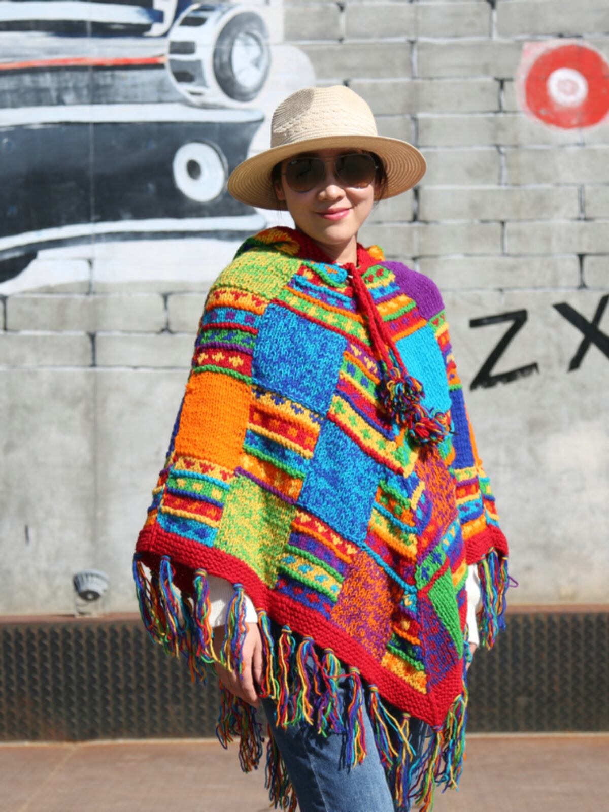 秋冬ネパールウールケープ、厚手ウールケープ、パッチワークセーター