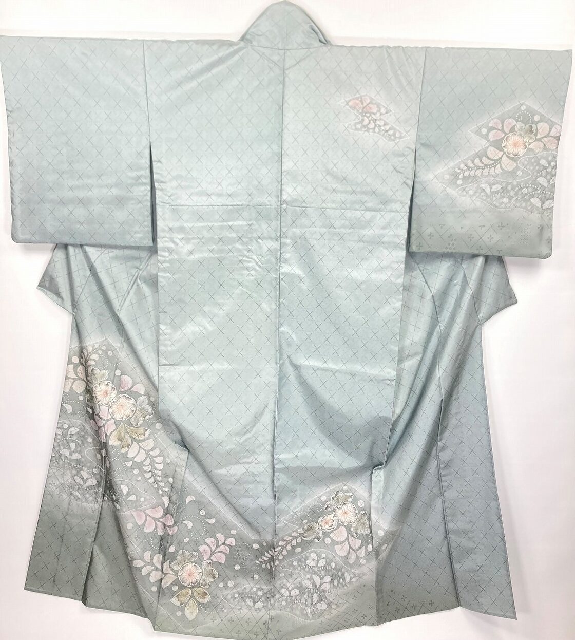 単衣】大島紬 辻が花 絞り 未使用 訪問着 本場大島紬 正絹 グレー 水色 