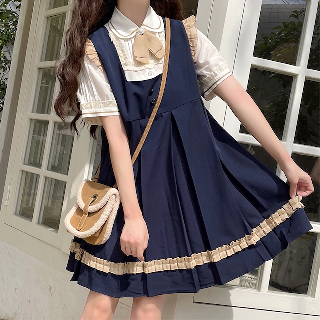 セットアップ スカート プリーツ ミニ ショート ネイビー ホワイト フリル リボン シャツ 制服
