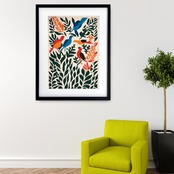 Oasis｜鳥とボタニカルを切り絵風に描く癒しのアートポスター｜北欧・ナチュラル空間に合う爽やかなインテリア額縁付きA3ポスター