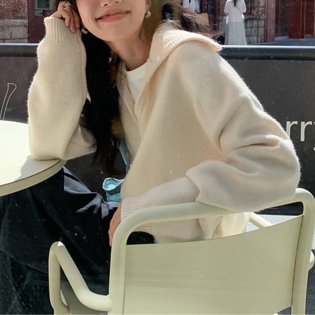 open-collar drop shoulder knit top J00003