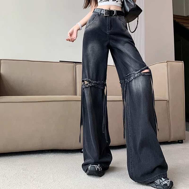 knee-length cut-off fringe wide leg denim pants la1580