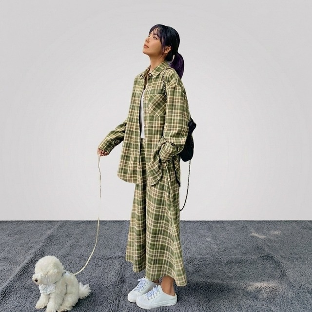 チェック柄長袖シャツカラーシャツ・ミモレ丈スカートセットアップ【001846】