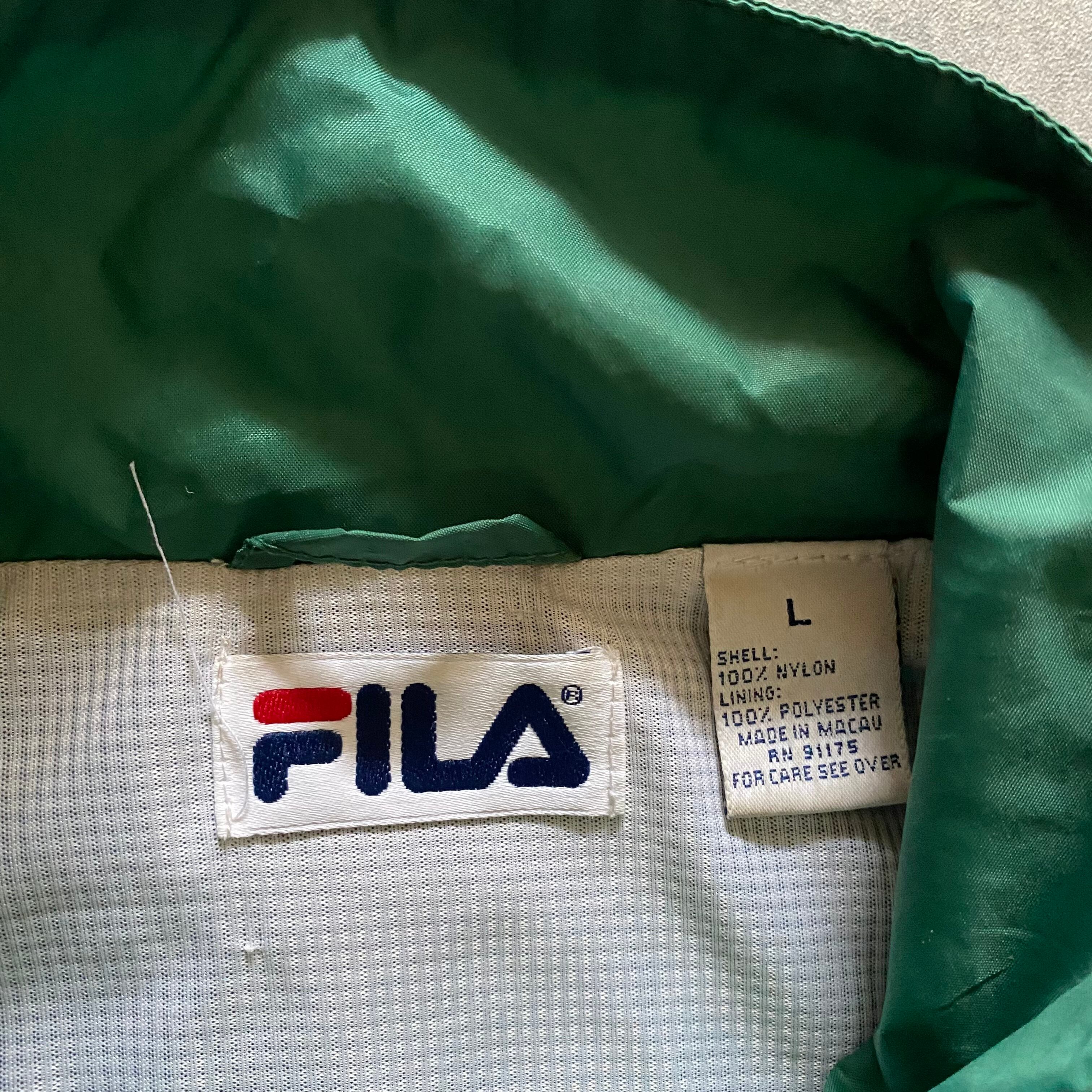 【90s】FILA ナイロン ジャケット フード 蛍光 グリーン  刺繍