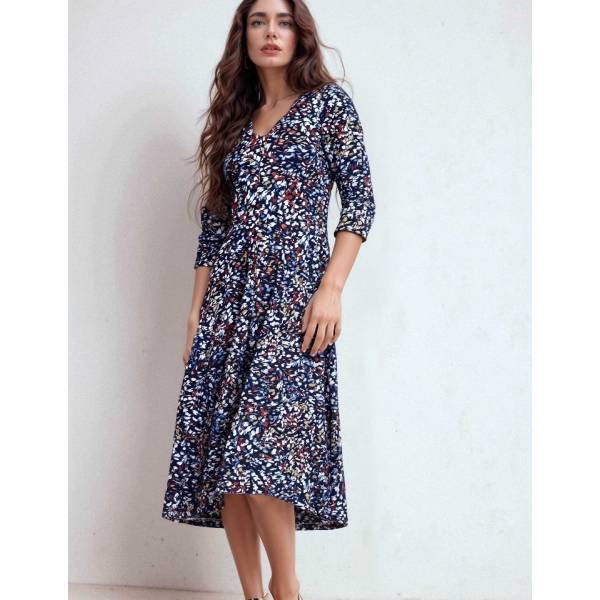 フューシャピンク ストレッチワンピース ウエーブプリント ロング