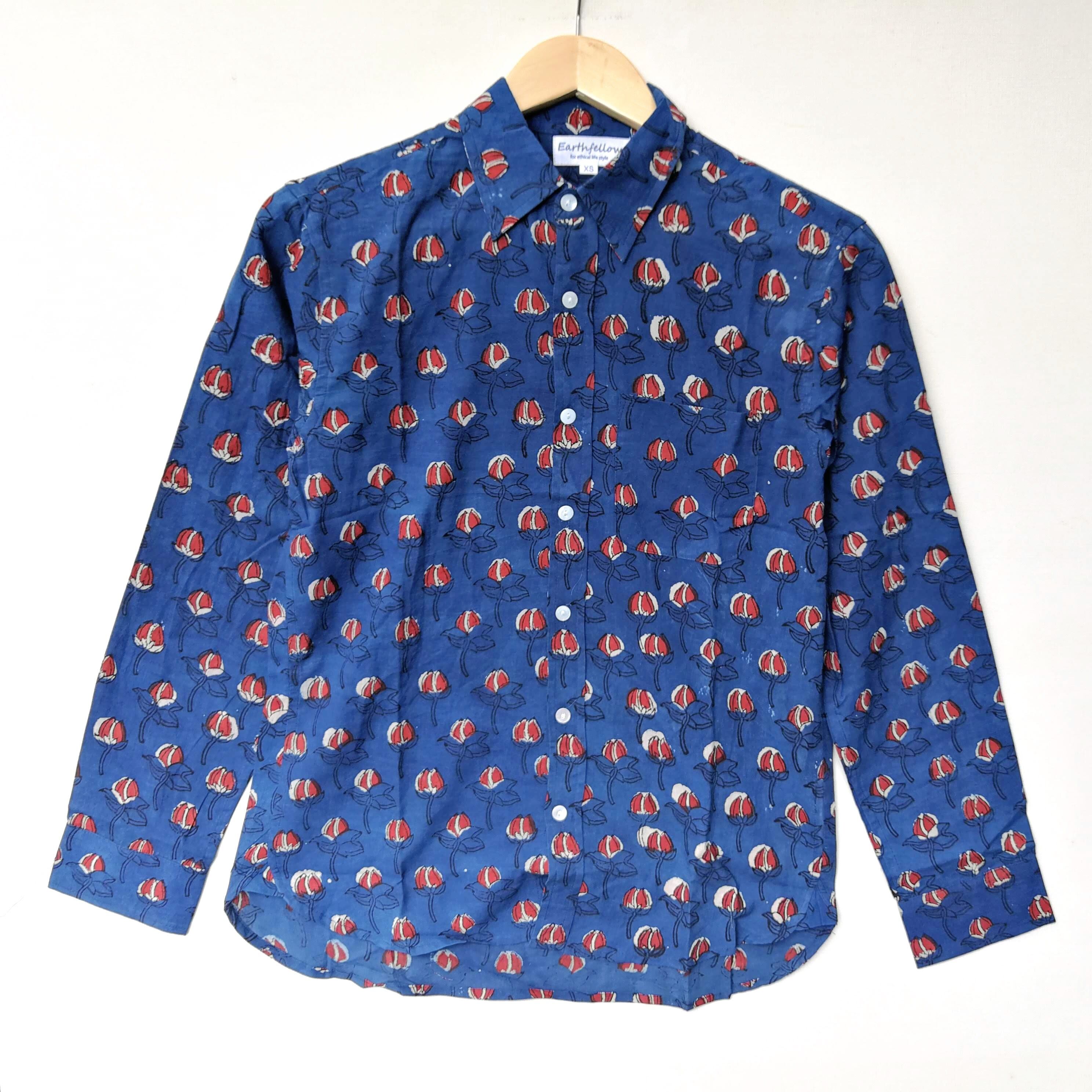 ★春夏秋３シーズン★オーガニックコットン草木染ブロックプリント長袖シャツ４（XS～XL）