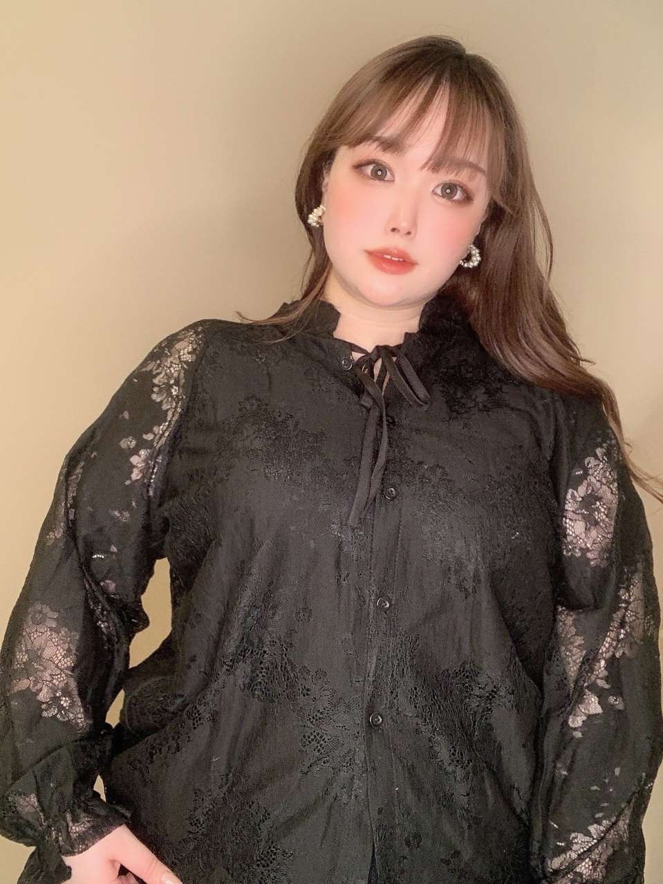 総レースルーズブラウス バルーンスリーブ Vネック 透け感 ガーリー 大きいサイズ 韓国 CH3659