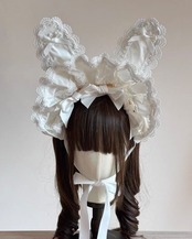 ♡【全9色】MAID うさみみフリルレースリボンハーフボンネット white ♡