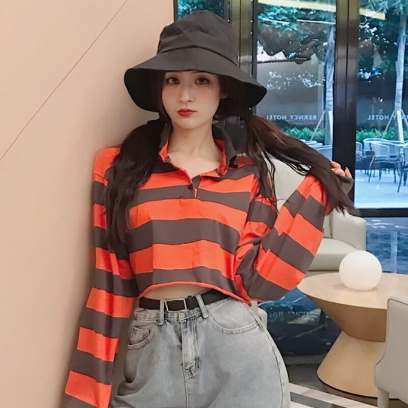 スプリングスタンダードカラーストライプショートシャツ ルーズトップス レディース ロング レトロ 春物 YY-ファッション99857481213