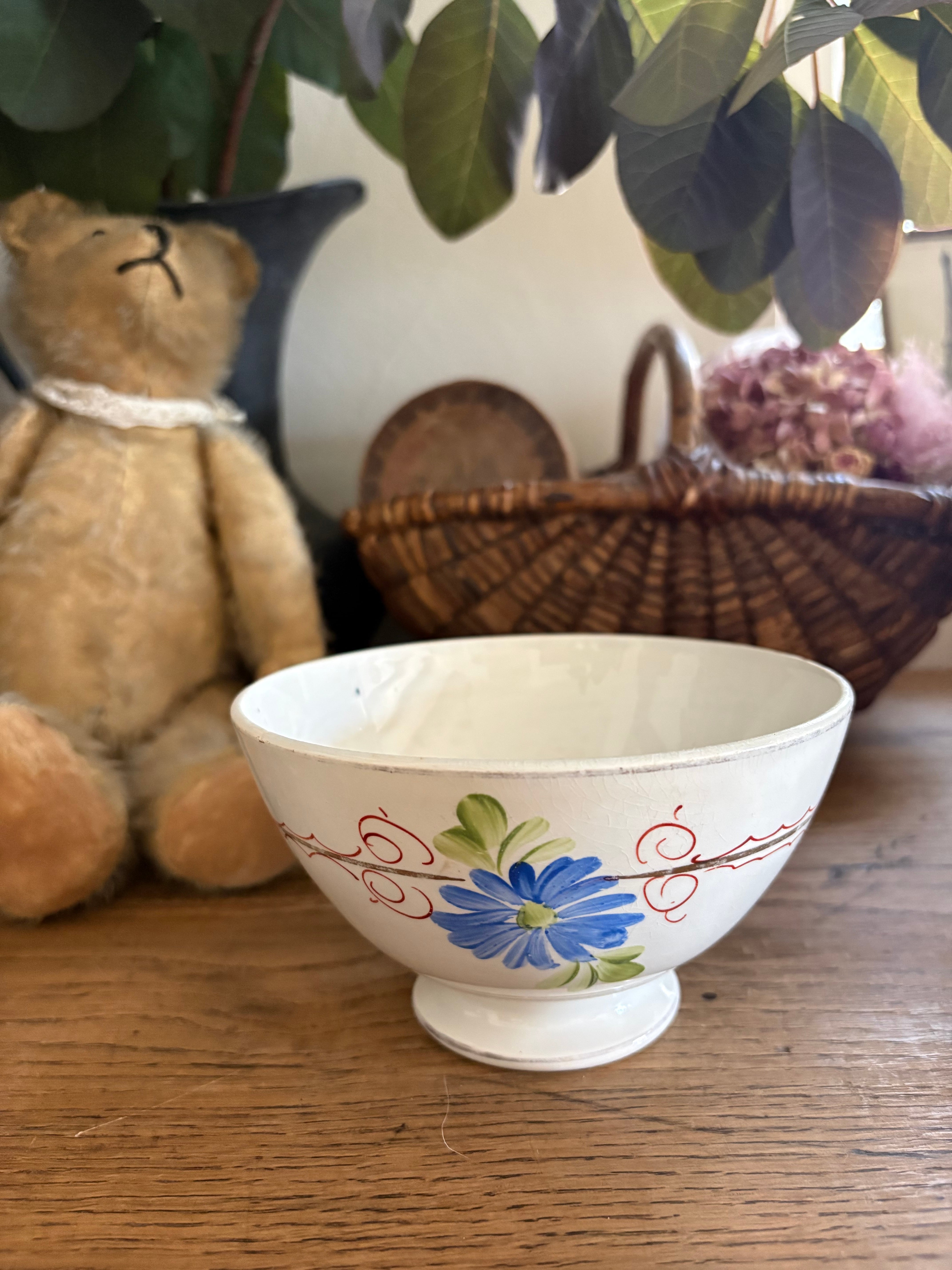 ブルーのお花のカフェオレボウル フランスアンティーク食器 カフェオレ