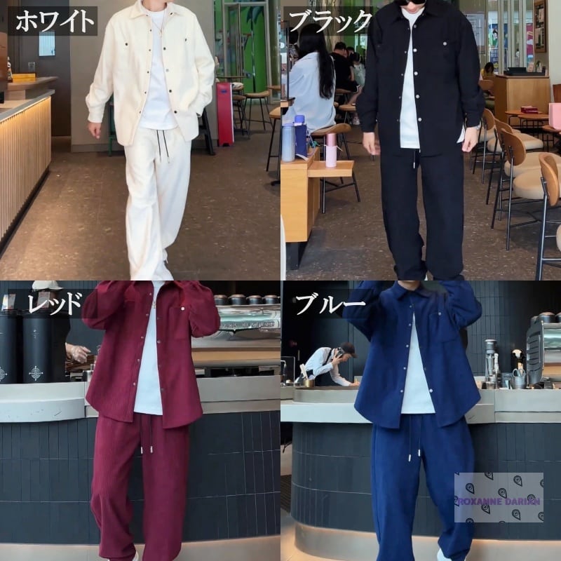 メンズ日本風ミニマリストセットアップ｜襟付きトップス×ストレート