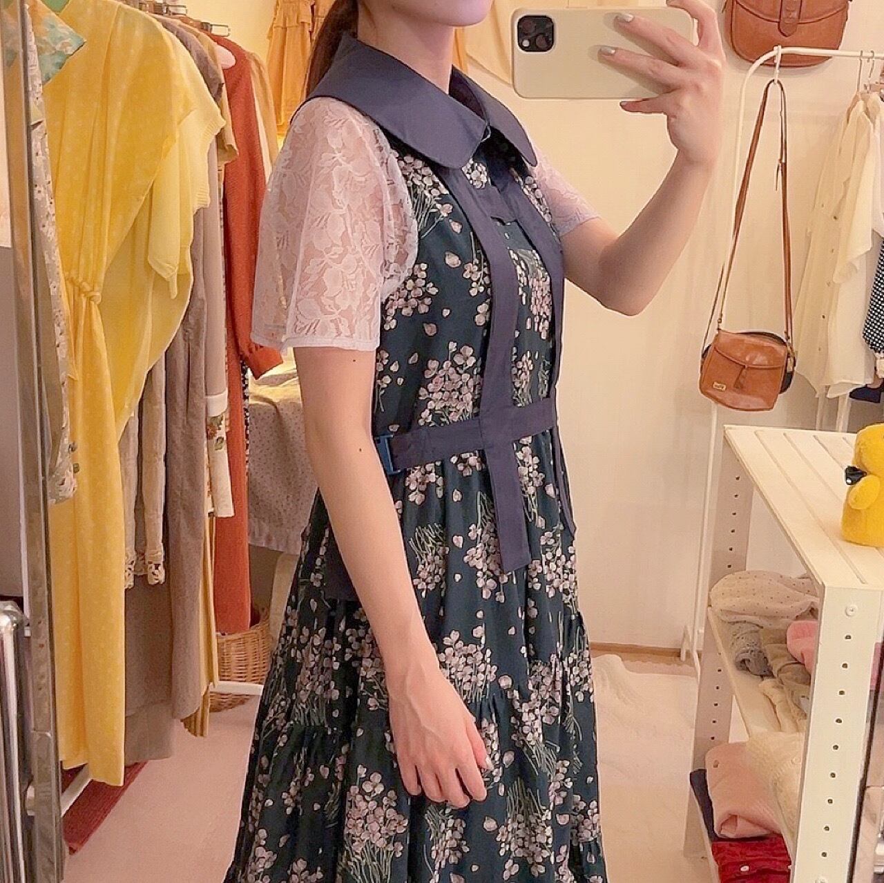 original item / attached flower harness one-piece , navy