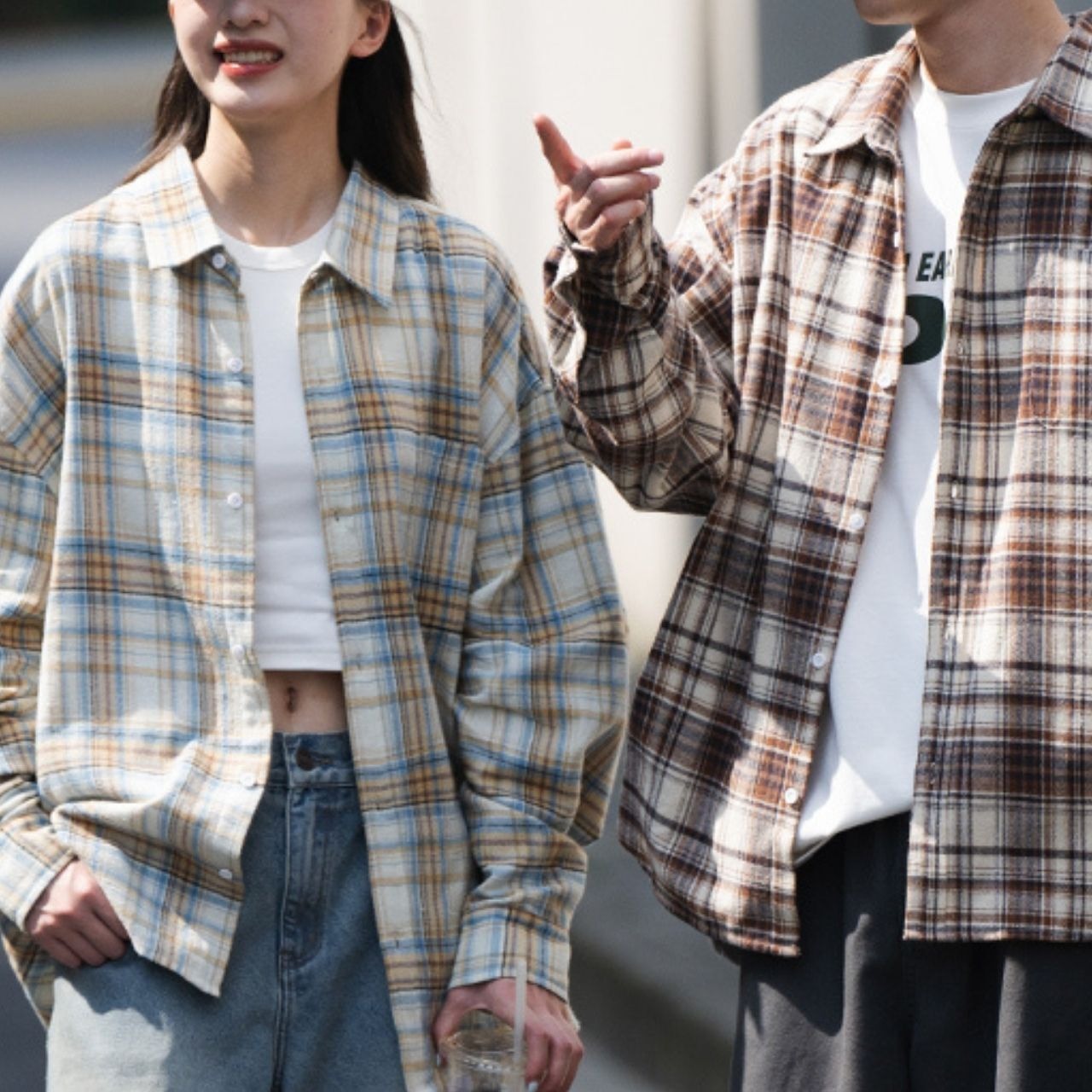 コットンカジュアルルーズチェック柄シャツ　1023