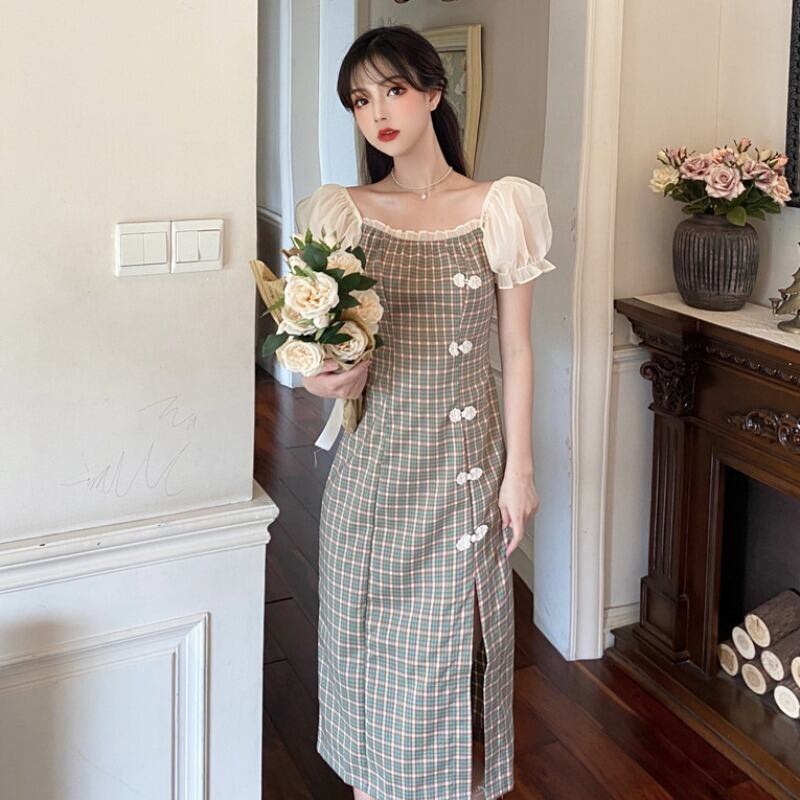 改良されたチャイナドレスの女性の2020年の新しい夏のウエストウエストと薄い気質メッシュ半袖格子Aラインスカート 1号婦人68098634867