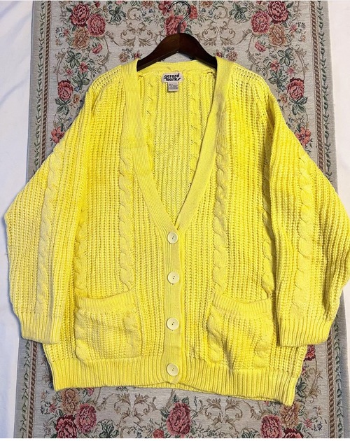 90's "lemon yellow colour"  Acryl cardigan 【 L】　