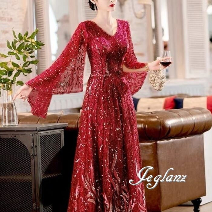 3色 パーティ イブニングドレス スリットスリーブ キラキラ 光沢感( M8754)ζ