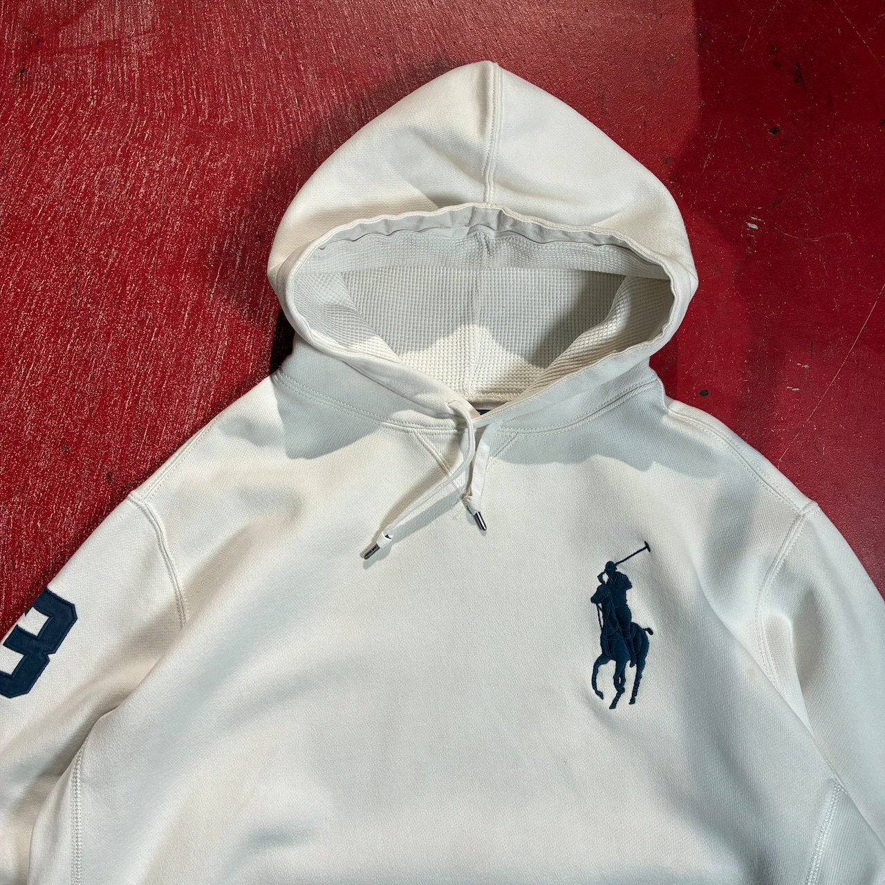 90s POLO RALPH LAUREN プルオーバーフーディー フード裏サーマル ビッグポニー 白