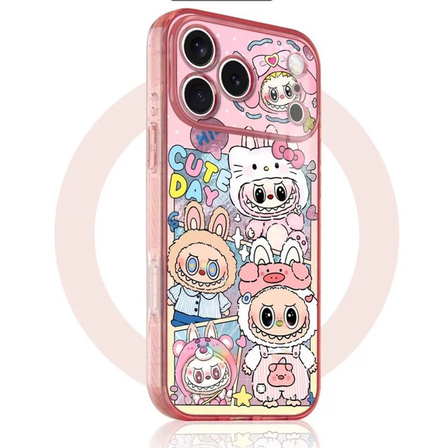 たまらない可愛さのデザイン！MagSafe対応版・機能性もばっちり♡Labubu ピンク iPhone 17 Pro Max ケース 氷の結晶デザイン カラーフレーム 耐落下 カラーフレーム クリアシールド