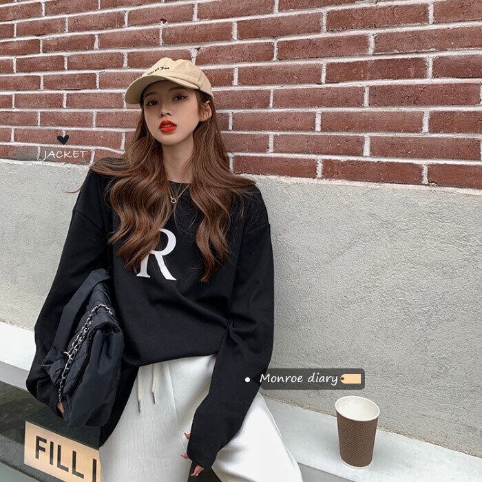 ルーズブラックシャツ レディーススプリングスタイルTシャツ トップス ロング 春物 モンロー98355115097