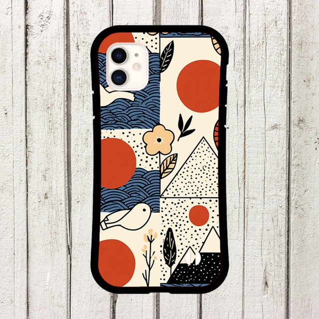 受注生産 iPhoneケース 赤丸と花の民芸コラージュ柄｜花モチーフ FMSY069B