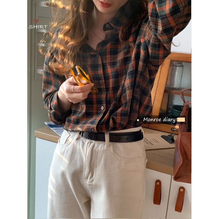 スタンダードスタイル格子柄シャツ レディースオータムウィンタージャケット トップス ロング レトロ 秋物 冬物 モンロー6199096038
