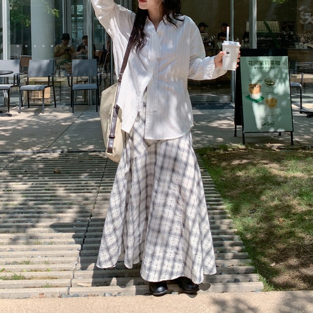 check panel long skirt　J00501