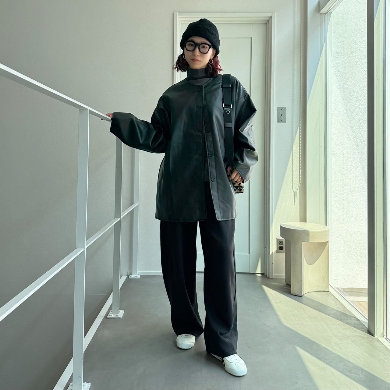 エコレザーノーカラーオーバーJK/ブラック