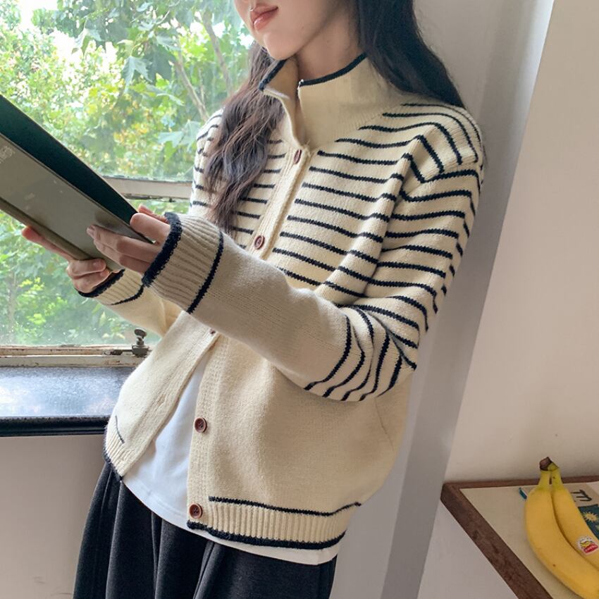 polo collar knit cardigan　J00180