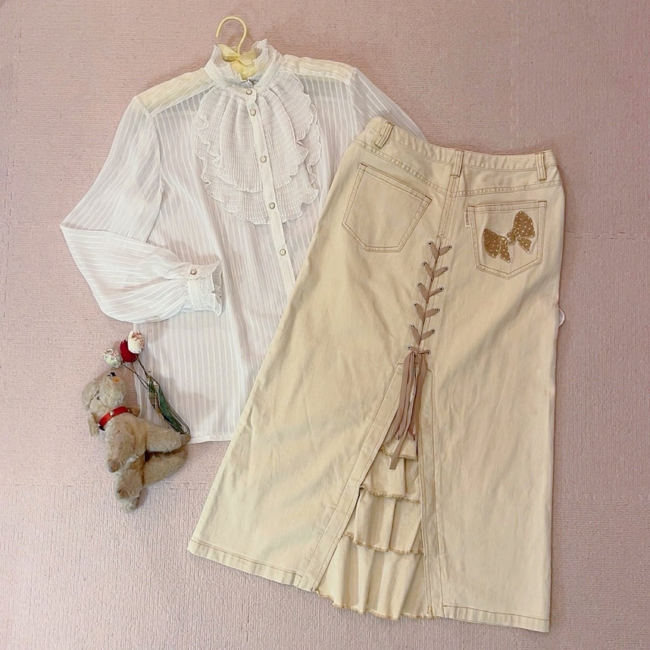 lame stripe sheer frill blouse