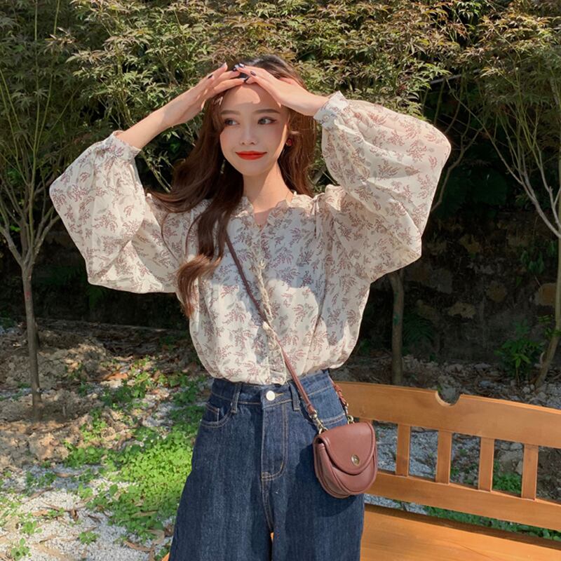 スプリングオータムフローラルVネックルーズシフォンシャツ ブラウス レディース ロング 春物 秋物 花柄 misskkl4793956563