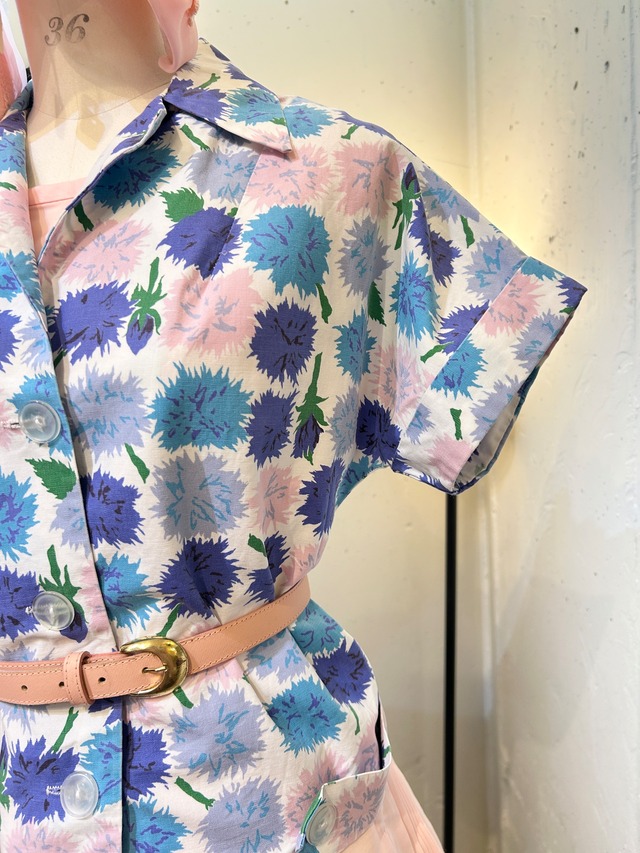50's60's blue flower blouse jacket