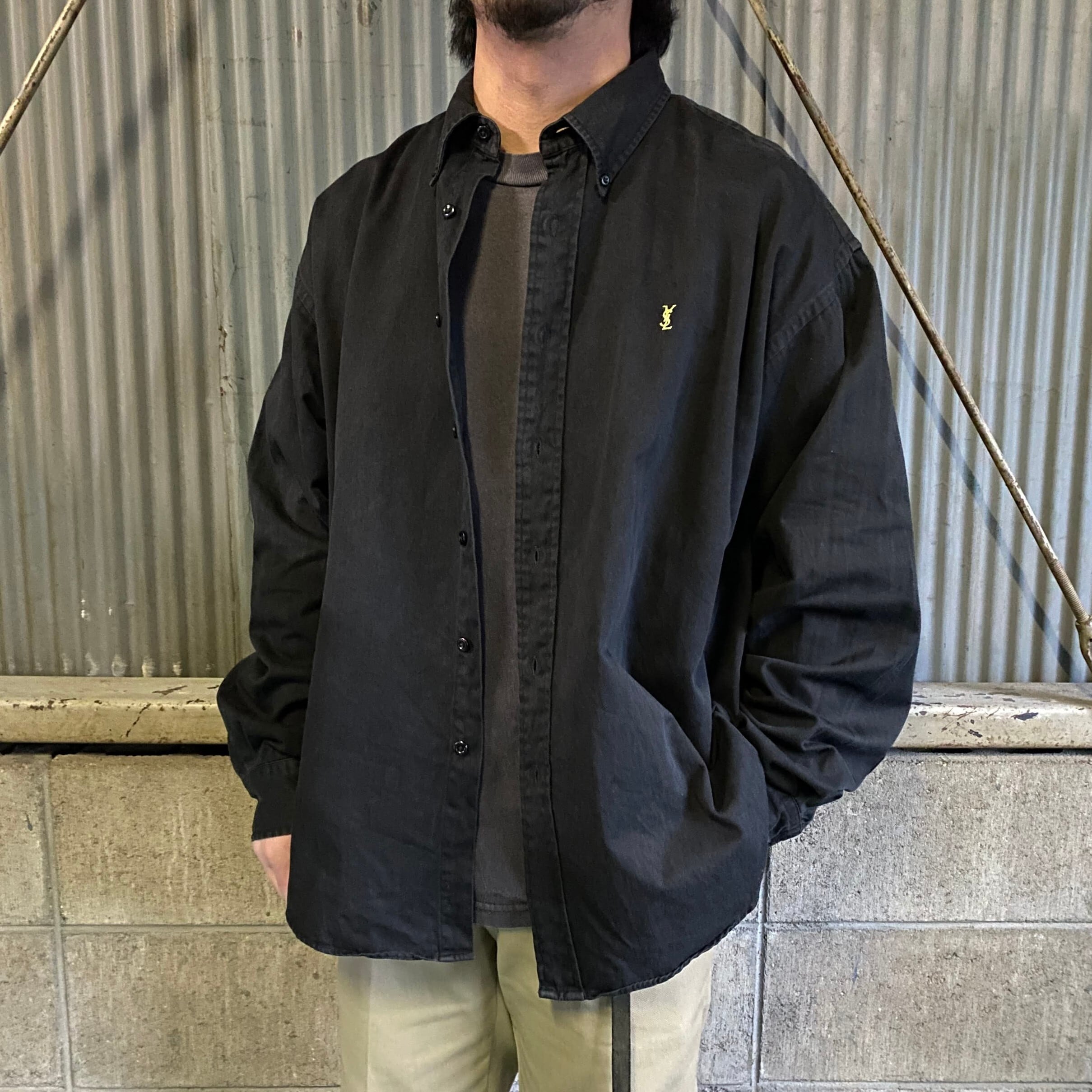 イヴサンローラン ワンポイントロゴ 刺繍 長袖 コットンツイルシャツ  