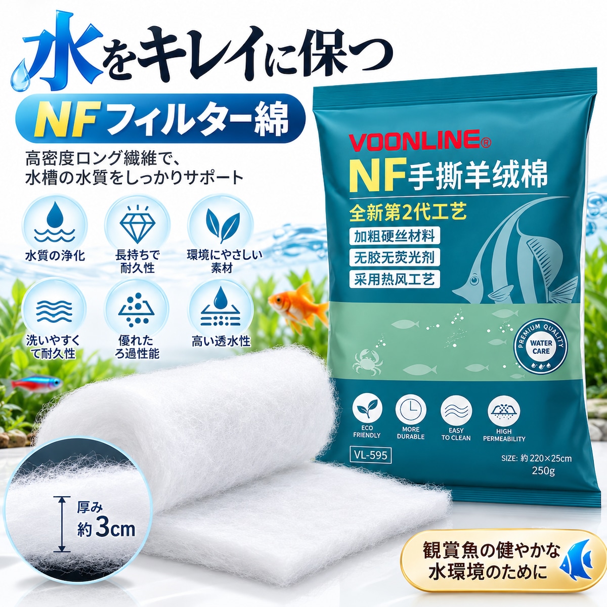 B84.水槽用 NFフィルター綿 高密度ロング繊維 ろ過マット 3cm厚 高透水