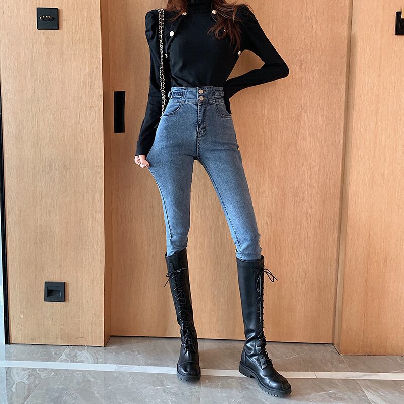 スタンダードジーンズ ハイウェストカジュアルブラックパンツ スプリングオータム レッド レトロ 春物 秋物 ブラックストロベリース93535703918