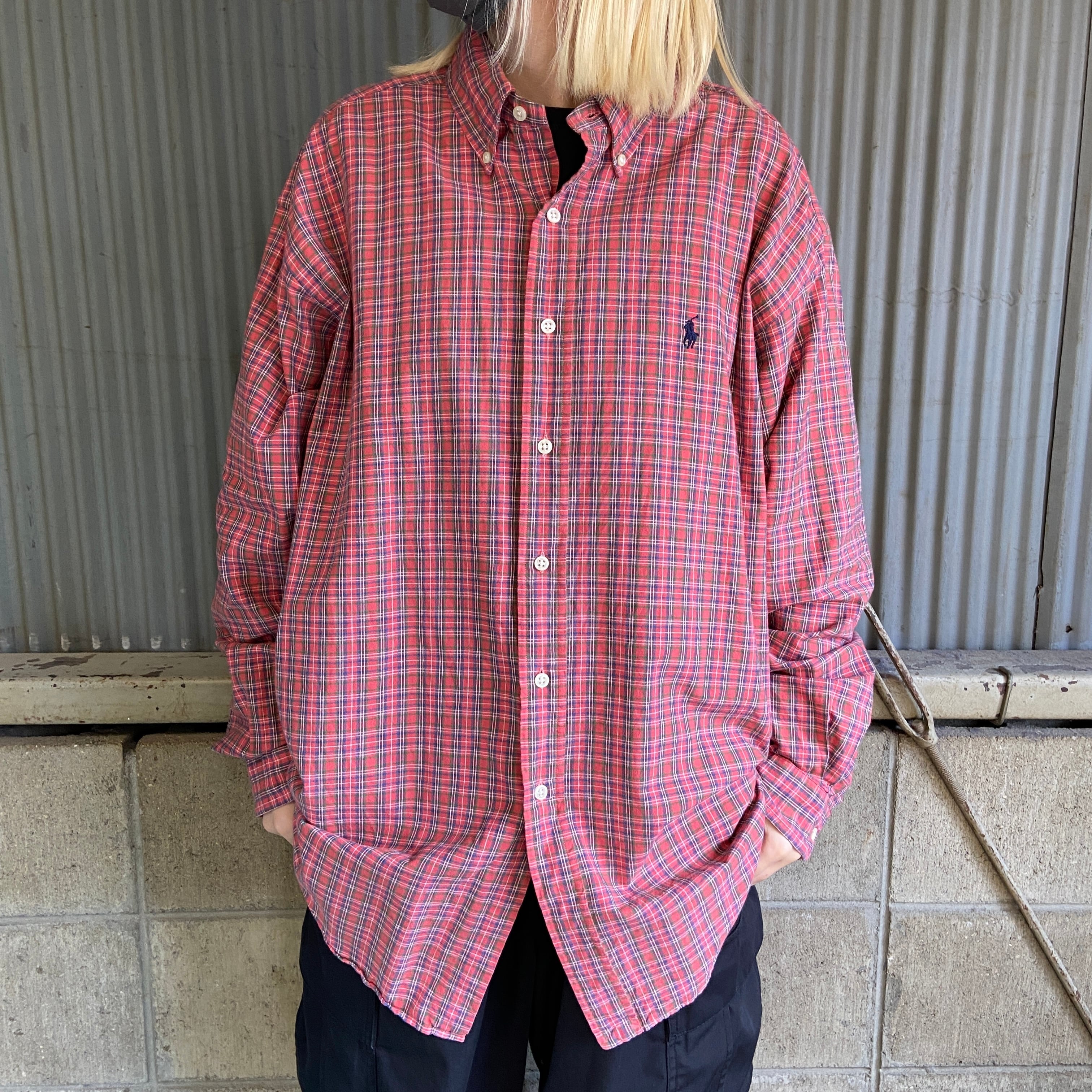 Ralph Lauren オールドラルフローレン BLAKE 長袖 チェック ボタンダウンシャツ メンズL 古着 レッド 赤 B.Dシャツ ...