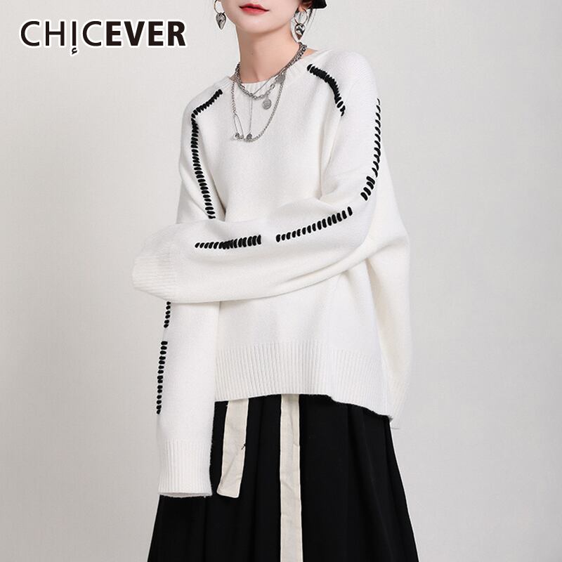 CHICEVERニットセーター女性Oネック長袖パッチワークヒットカラー特大プルオーバー2020ウィンタータイド ロング 冬物 6base593692023908