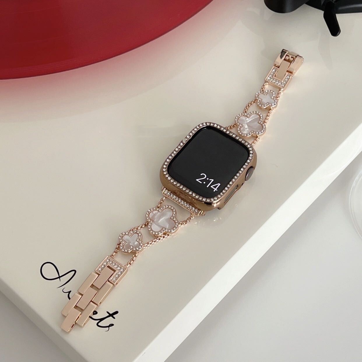 Rose Gold×White Shining Clover Apple Watch Band キラキラクローバー