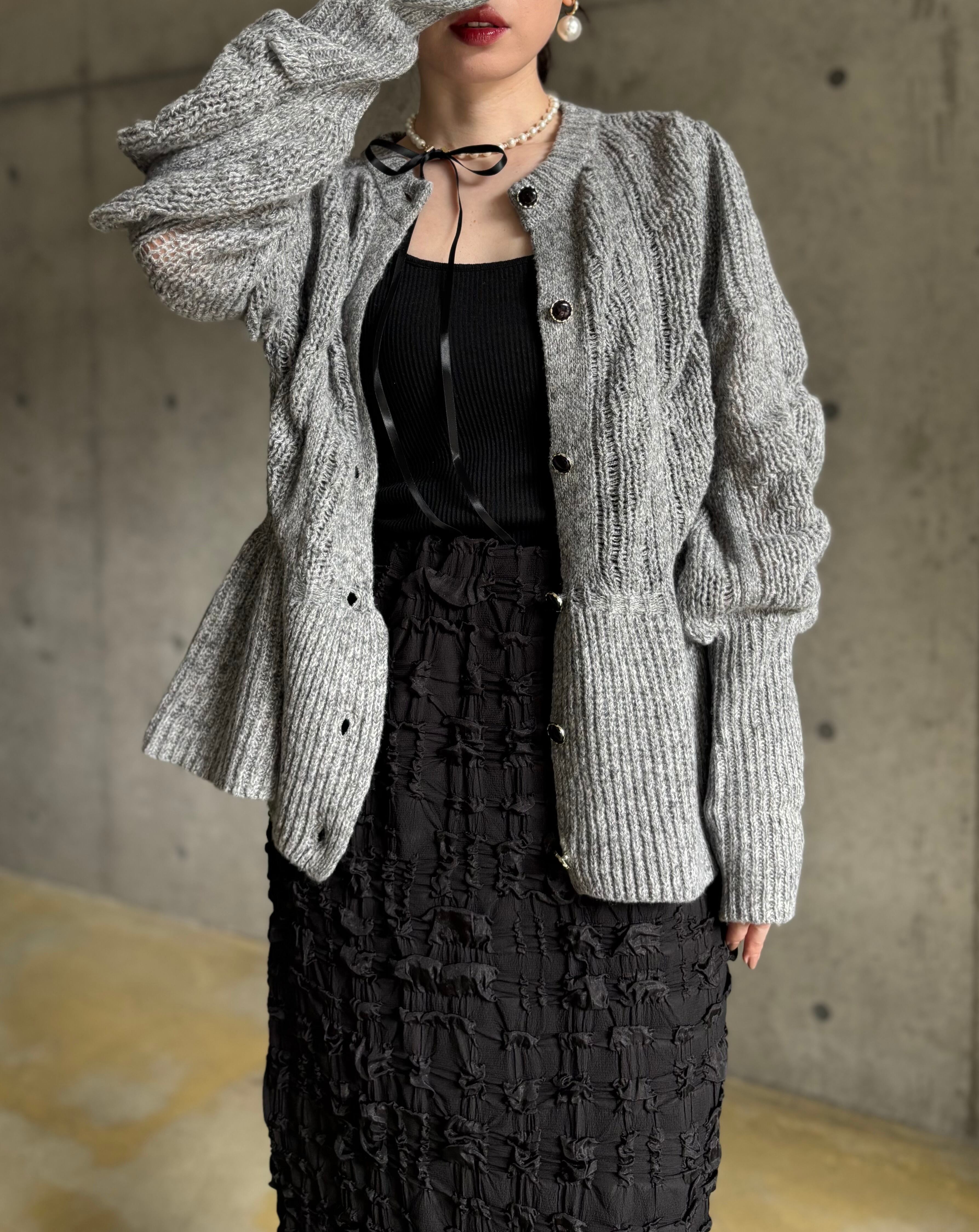 エムズグレイシー  リボン　ペプラム　ニット　カーディガン　グレー カーディガン velours ribbon peplum cardigan / リボンペプラム