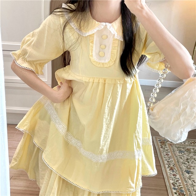 カラースカート スタイルスリーブドレス サマー薄手 レース 夏物 萌量不足278000943