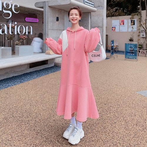 ワンピース ロングワンピース フレアワンピース レディース ピンク フレアスカート 長袖 フード付き 春 秋冬 新作 カジュアルスタイル ルーズスタイル おしゃれ 可愛い Aライン オーバーシルエット