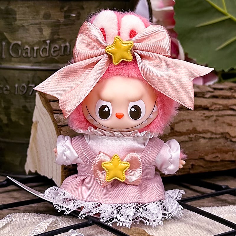 ラブブ第4世代対応 ピンク スター&レース装飾 ワンピース + リボン髪