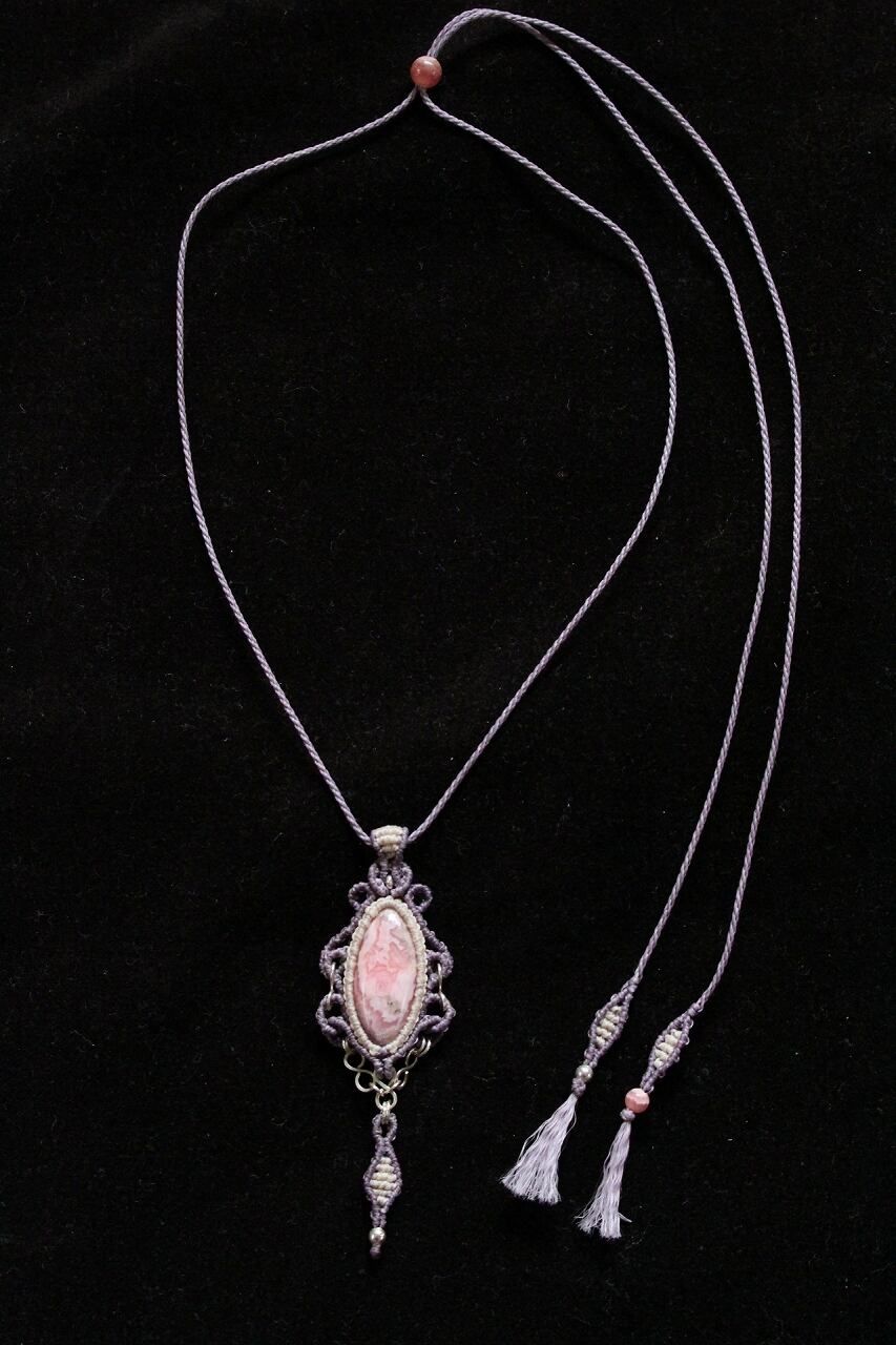 Rhodochrosite silverwire micromacrame pendant