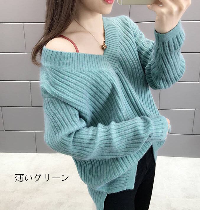 6色選択可★リブ編み Vネックニット 長袖セーター 秋冬ニット