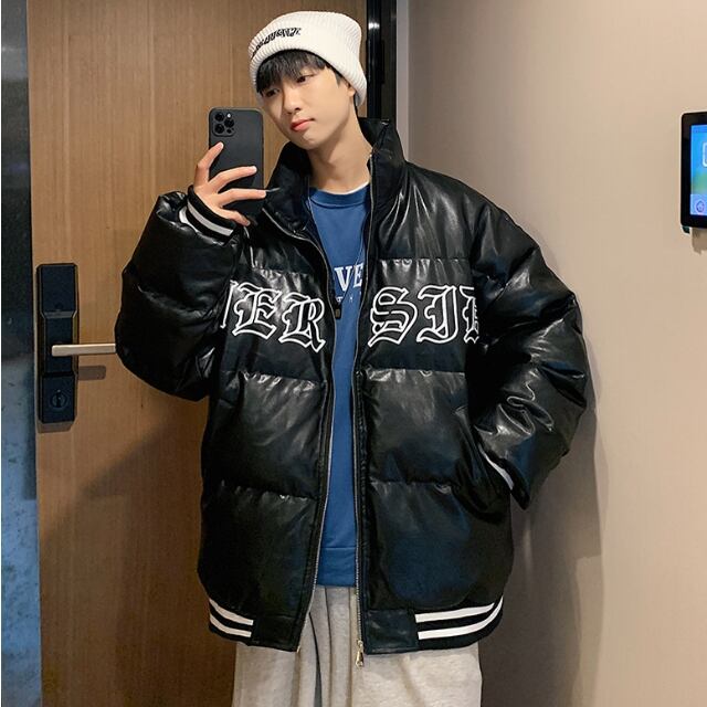 【予約販売】ダウン ブルゾン スタジャン アウター ブラック ホワイト バックデザイン ストリート 冬 ジャケット ショート丈 メンズ カジュアル 男前 こなれ感 お洒落 韓国 トレンド 秋 冬 M/L/XL/2XL